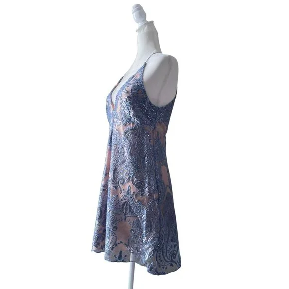 NWT Free People Night Shimmers Mini Dress Blue Sequin SZ 10 - Picture 4 of 13